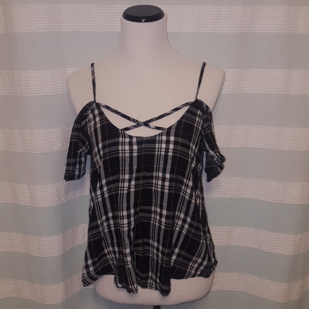 Plaid, cold shoulder top